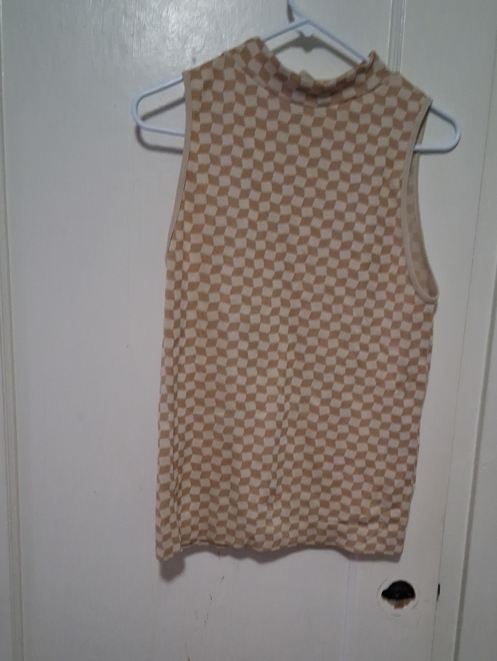 Sleeveless Checkered Mock Neck Tank Top - Beige/Cream